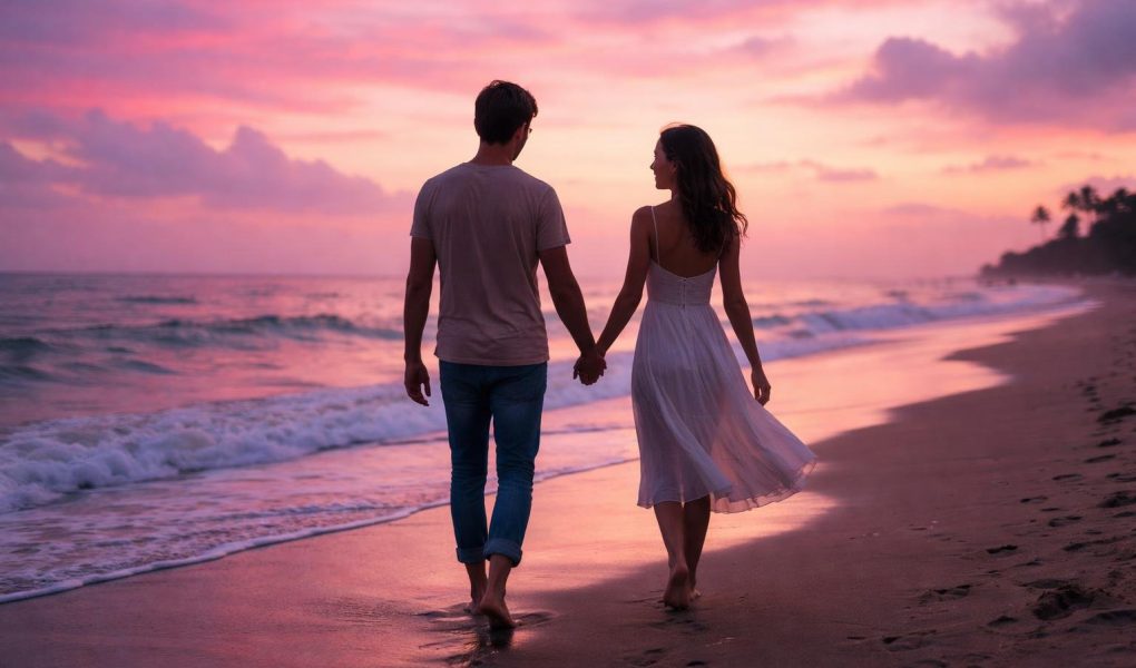 couple-main-plage-coucher-soleil