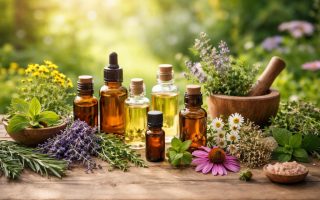 flacons-huiles-plantes-table-jardin