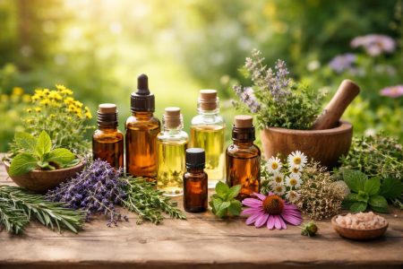 flacons-huiles-plantes-table-jardin