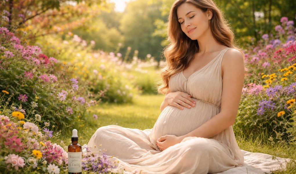 femme-enceinte-jardin-flacons-fleurs