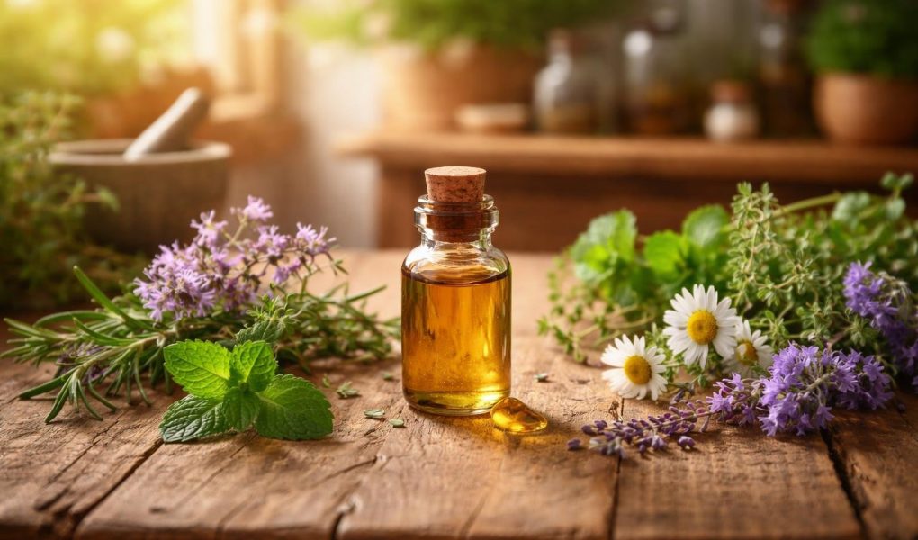 bouteille-huile-essentielle-plantes-fleurs